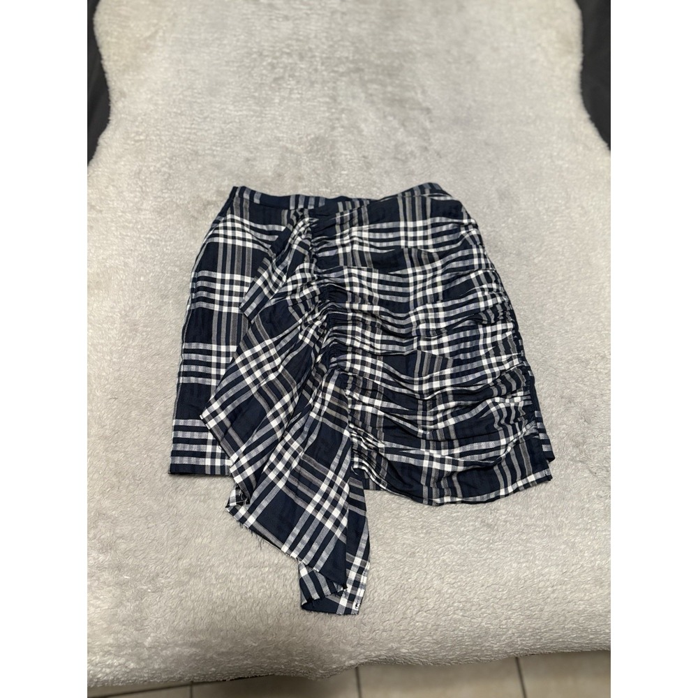 Zara Womens Navy Blue White Plaid Asymmetrical Ruffle Mini Linen Blend Skirt XS